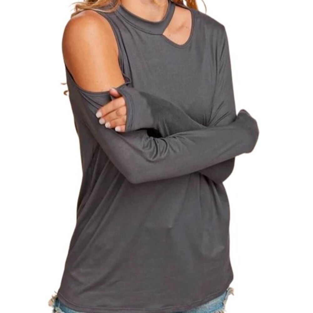 Cement Cold Shoulder Cut Out Long Knit Top-NWT